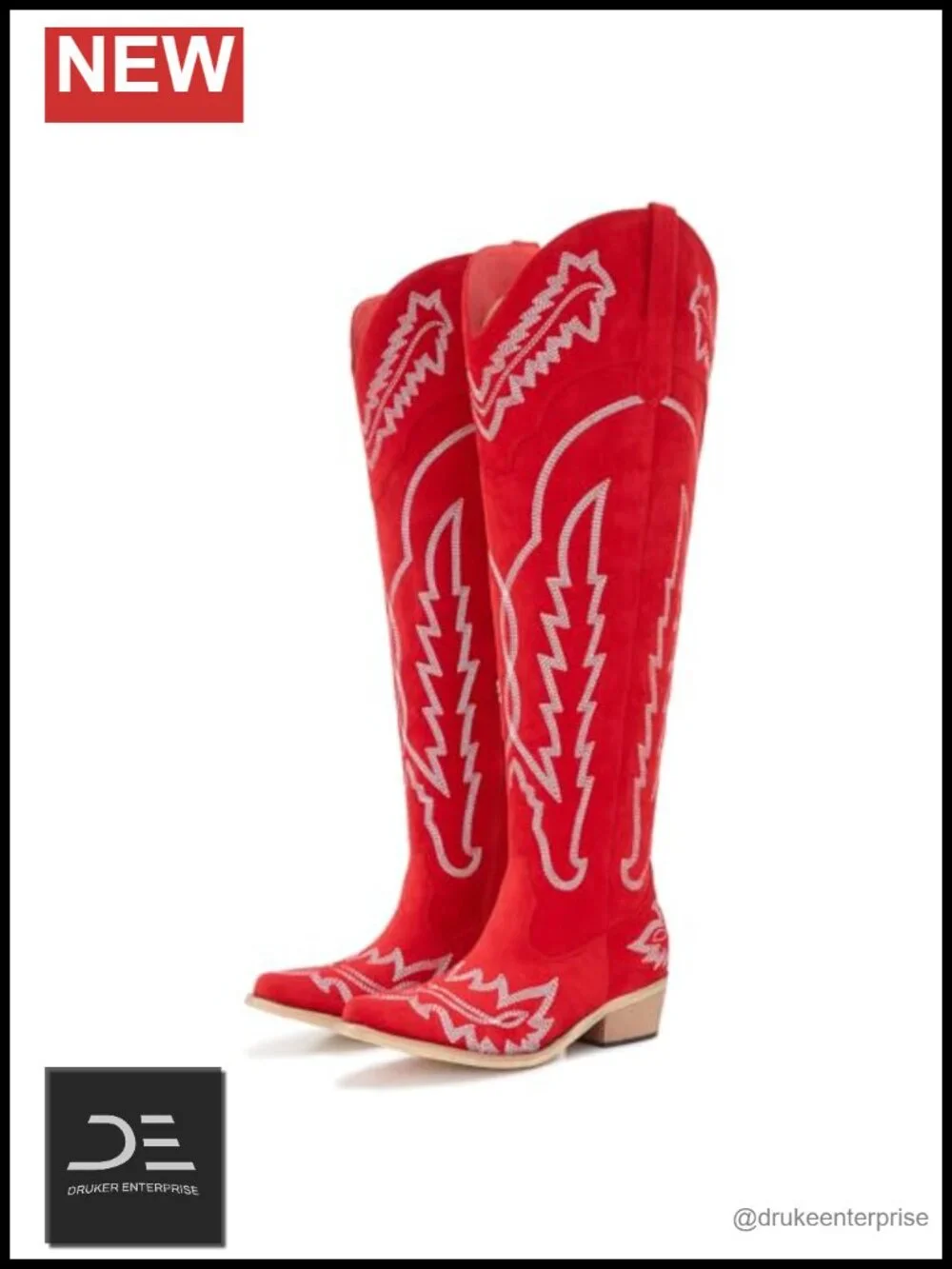 Over the Knee Western Cowboy Boots Wide Calf Plus Size Low Heel Snip Toe